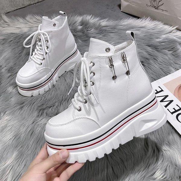 

boots 2021 winter woman plush ankle ulzzang chunky platform fashion leather gladiator women shoes wedges padded ladies 7cm, Black