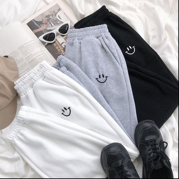 

smiley face embroidery sweat women capri autumn winter tie tight high waist loose plush thickened casual, Black;white