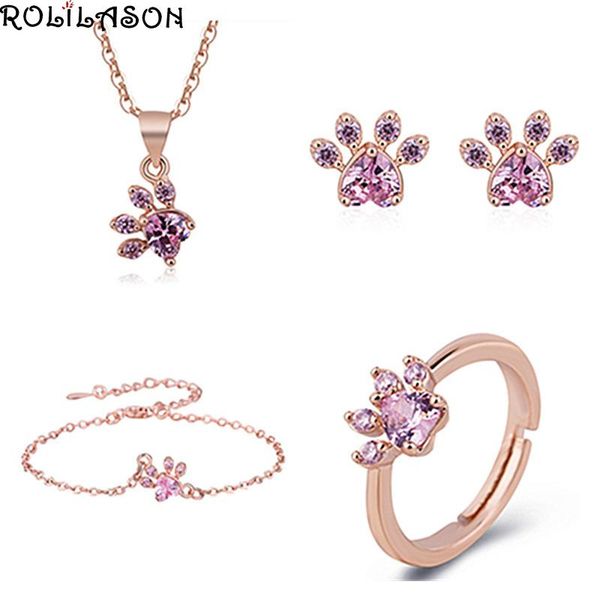 

earrings & necklace silver plated rose golden tone cat claw heart shaped footprint bracelet ring set js864