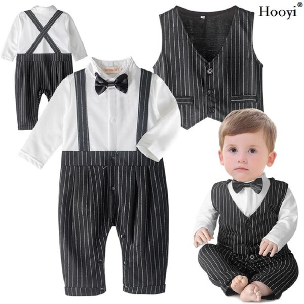 Baby Jungs Kleidung Hübsche Party Kostüme Black Smoking Strampler Fliege Weste Lange Jumpsuits Baby Kleidung Mode Outfits 210413