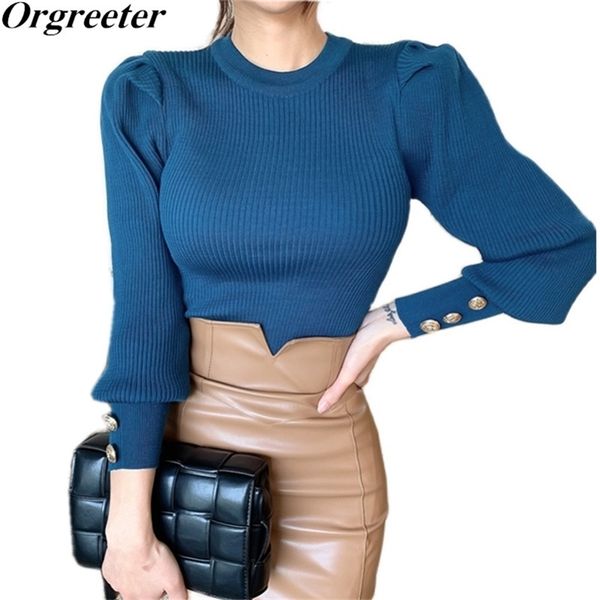 

women soild buttons puff sleeve knit jumper slim sweaters all-match bottoming short sweater 210602, White;black