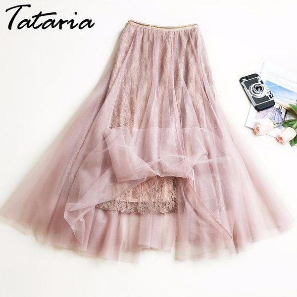

summer tulle skirt for women pleated high waist midi s female thin chiffon mesh loose long s 210514, Black