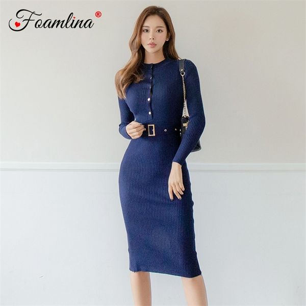 

autumn winter knitted bodycon dress korean style women long sleeve buttons belted midi pencil sheath work 210603, Black;gray
