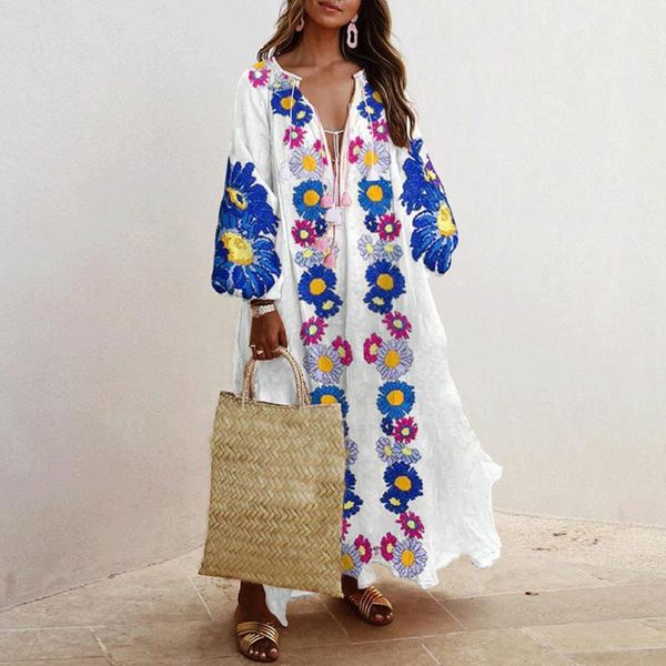 

casual dresses bohemian style maxi dress women floral printing long summer v-neck sleeve loose vestidos, Black;gray