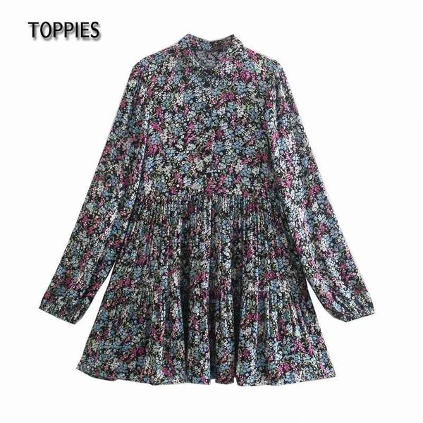

ies blooming flowers print blouses dresses women long sleeve mini dress spliced pleated hem 210412, Black;gray