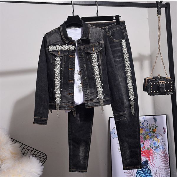 

women's two piece pants autumn fashion set female beading denim jacket + elasticity high waist jeans outfits streetwear 2pc sets l, White