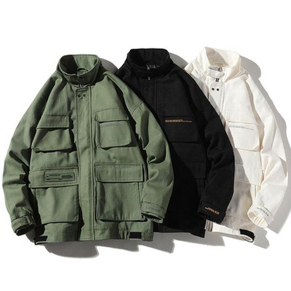 

men's jackets 2021 trend multi pocket stand collar loose simple large coat casual jacket, Black;brown