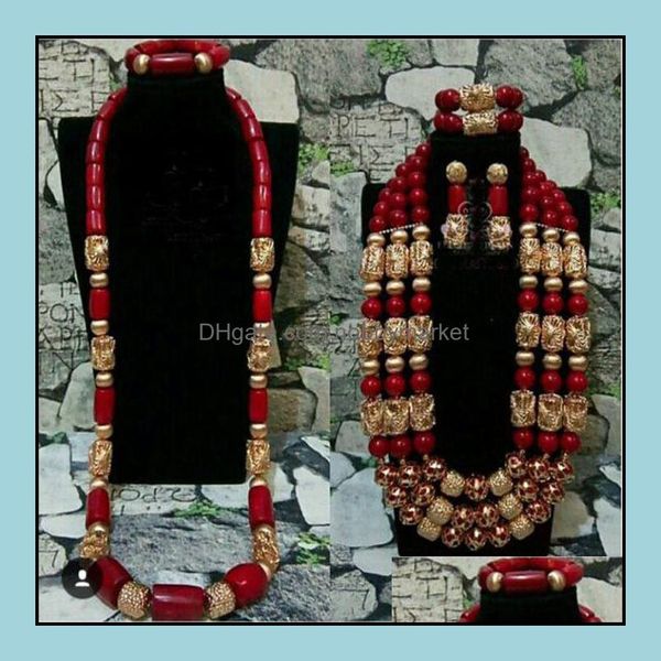 Orecchini Collana Set di gioielli Grandi perle reali di lusso Matrimonio Vino Rosso Corallo africano Coppia di sposi per la sposa e lo sposo Abh711 C18122701 Dro