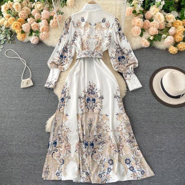 

casual dresses a-line fashion puff sleeve creative print autumn spring vintage boho dress high waist womentemperament shirt, Black;gray