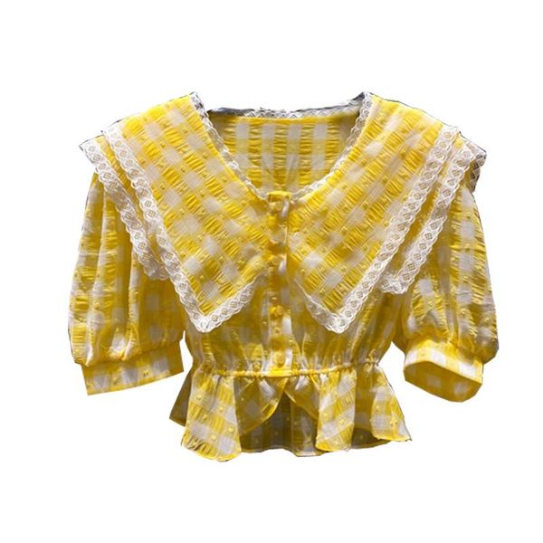 

women's blouses & shirts 2021 arrival chic fashionbale plaid sweet girl summer for women ruffle slash neck top, White