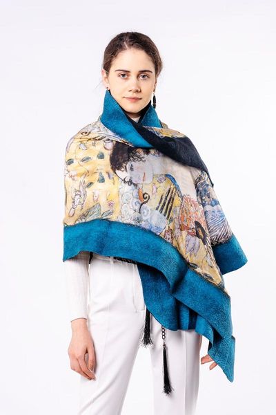 

scarves nomads felt gustav klimt lady with fan dark blue silk shawl, Blue;gray
