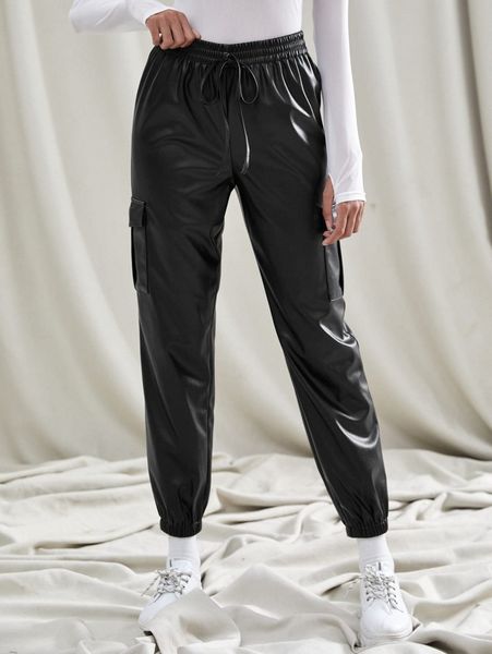 

knot front flap pocket pu leather pants z6dn#, Black;white
