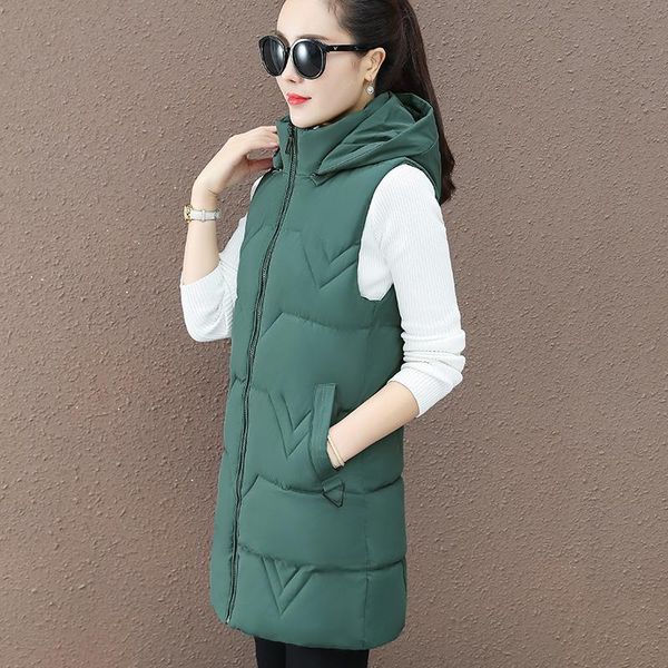 

women's vests women autumn winter mid-long waistcoat vest 2021 casual solid sleeveless hooded thicken warm padded coat for female, Black;white