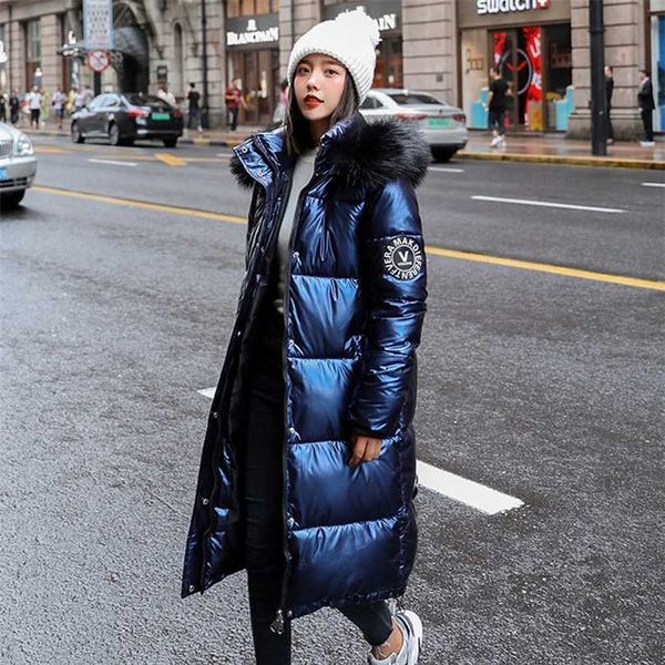 

women's winter fur collar hooded long over-the-knee coat pu bright skin is thin korean down parker cotton woman jacket 211011, Black