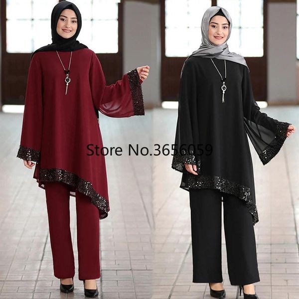 

piece set muslim women kalenmos chiffon blouse wide leg pants asymmetry abaya kaftan ramadan eid turky suits islamic clothes ethnic clothing, Red