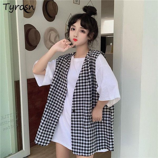 

women's vests plaid women retro sleeveless outwear elegant all-match single button coats korean fashion v-neck oversize waistcoats muje, Black;white