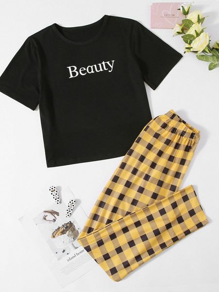 

plus gingham and letter graphic pajama set z9oh#, Black;white
