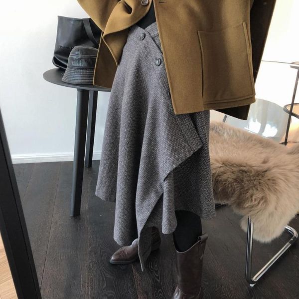 

skirts woman warm wool long skirt with buttons, Black