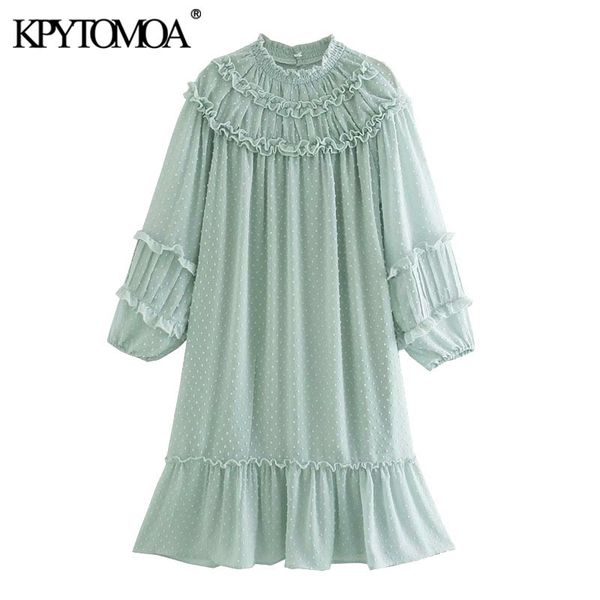 

women chic fashion ruffled dotted mesh mini dress vintage o neck long sleeve female dresses vestidos mujer 210416, Black;gray