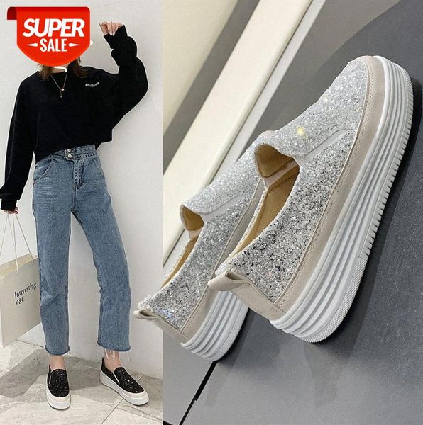 

net red sequined women's single shoes korean version of one-step loafers fashion platform mid-mouth casual white #pg1z, Black