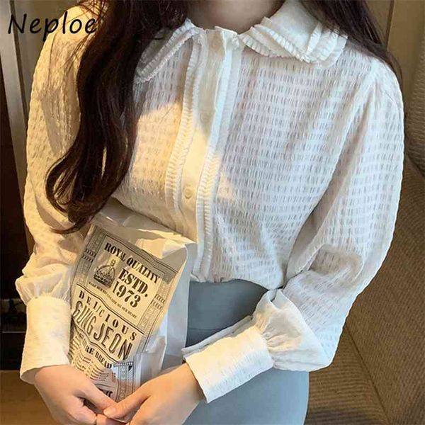 

doll collar long sleeve single breast blouse women work style ol solid blusas spring shirt feminino all match 210422, White
