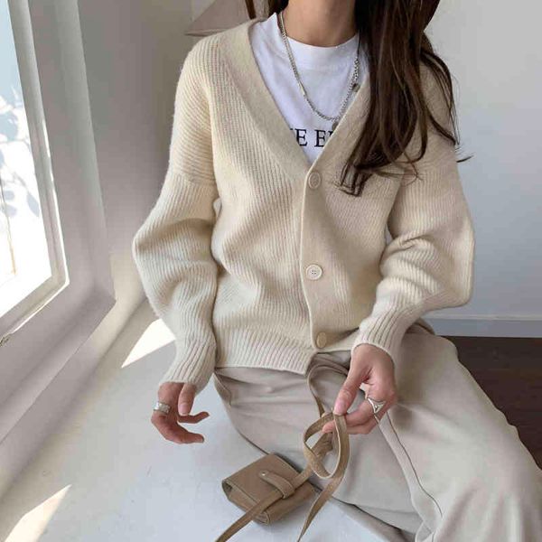 

autumn ol all match gentle solid knitted chic sweaters loose v-neck elegance cardigans thicken warm clothe 210421, White