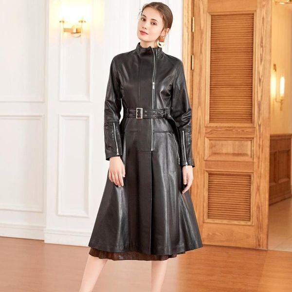 

women's leather & faux genuine long jacket women real sheepskin trench coat belt autumn winter office ladies elegant dress, Black