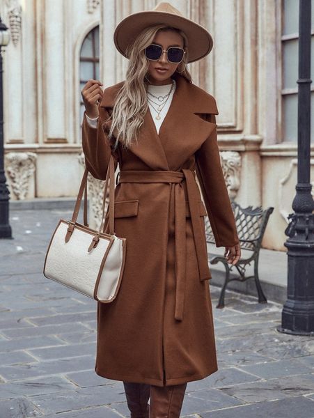 

solid belted wrap overcoat t6im#, Black