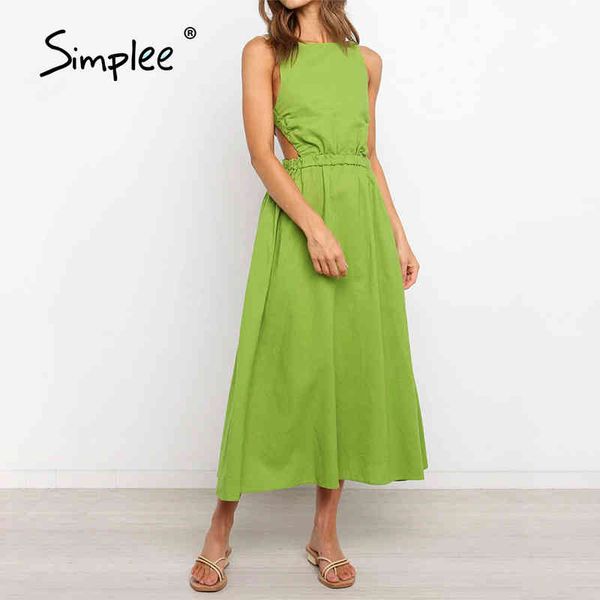 

elegant spring solid backless a-line women o-neck cotton high waist dress sleeveless long dresses chic 210414, Black;gray