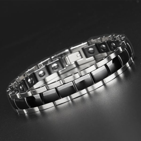 Hochglanzpoliertes Tennis-Armband aus 12 mm breitem Keramik-Herrenarmband aus Titanstahl mit gesundem schwarzem Germaniumstein