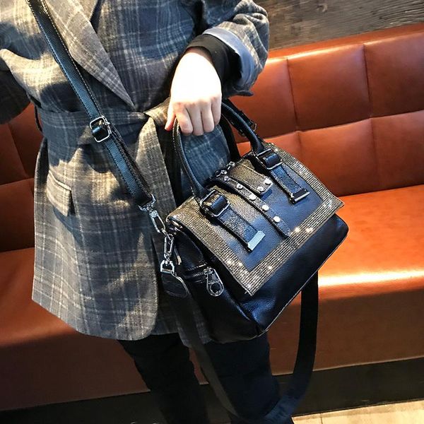 

evening bags split leather rhinestone women's bag large capacity handbag tote cusual black shoulder crossbody bolsa rivet ladies