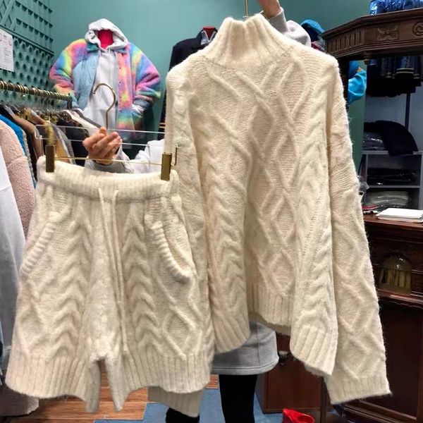 

women's tracksuits chic twist knit shorts sets turtleneck long sleeve sweater high elastic waist short femme korean fashion two piece s, Gray
