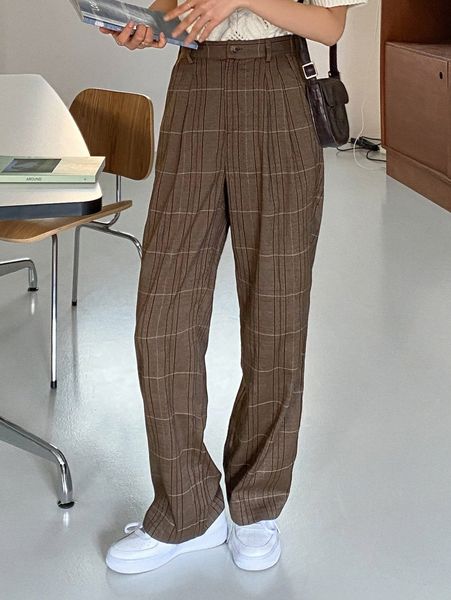 

dazy high waist plaid slant pockets pants 32hv#, Black;white