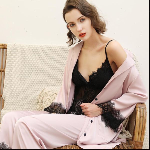 

european pajamas sets women sleepwear long sleeve silk satin lace casual 3 pieces nightwear pyjama loose thin homewear pijama, Black;red