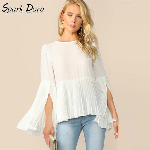 

women's blouses & shirts sparkdora solid zip back split sleeve pleated women 2021 summer elegant flounce ladies casual white blouse