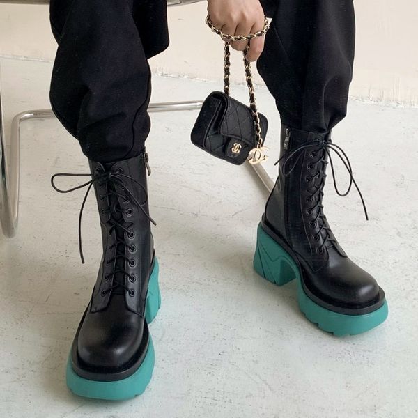 

korean muffin bottom comfortable round head short elastic 2021 autumn thin high heel martin boots, Black