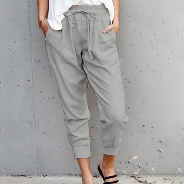 

women's pants & capris 2021 fashion women solid color lace-up crop trousers strethy waist pockets female plus size, Black;white