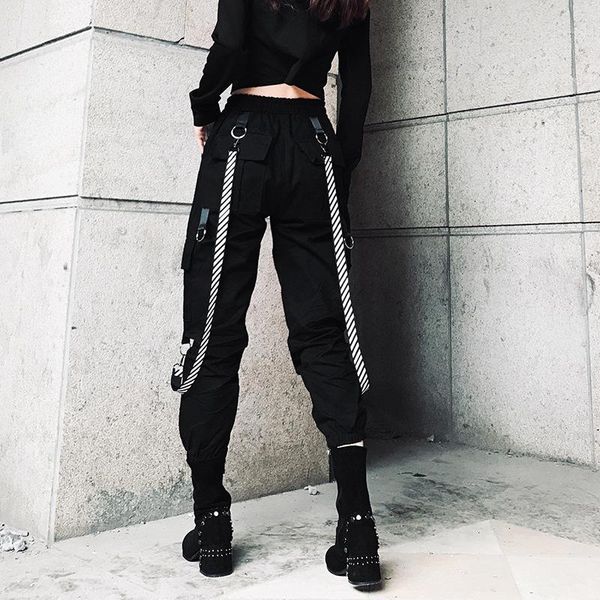 

women's pants & capris black cargo women casual high waist loose female hip hop trousers korean punk with belt funny capri streetwear, Black;white