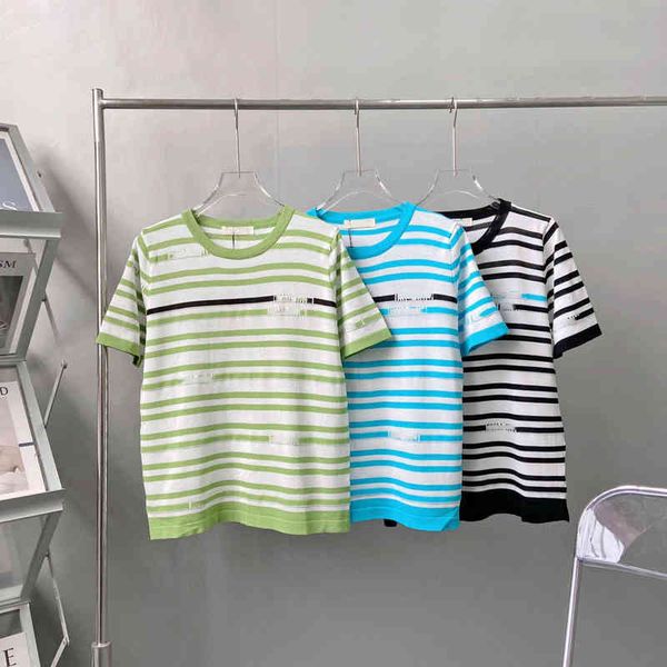 

2022 factory wholesale new summer knitted short elastic round neck striped t-shirt slim fit women's half sleeve silky qingdao, White;black