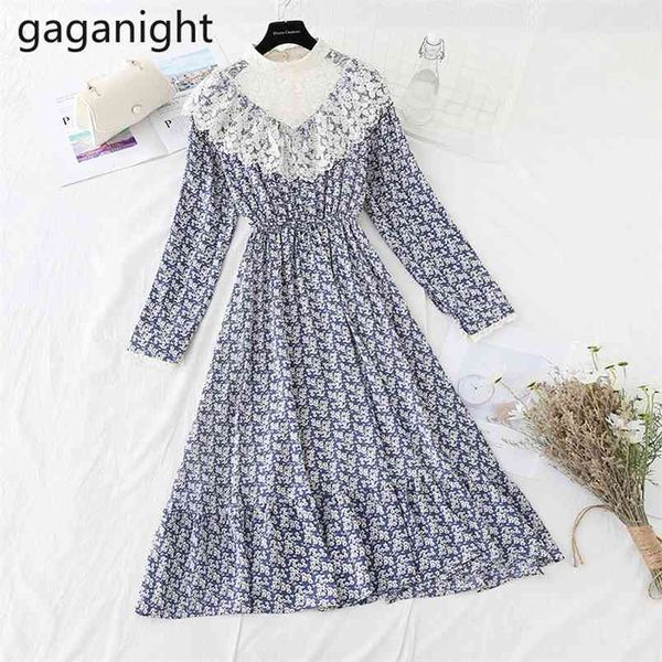 

spring autumn fashion lace o-neck floral print dresses french tender slim basic vestidos office ladies elastic waist 210601, White