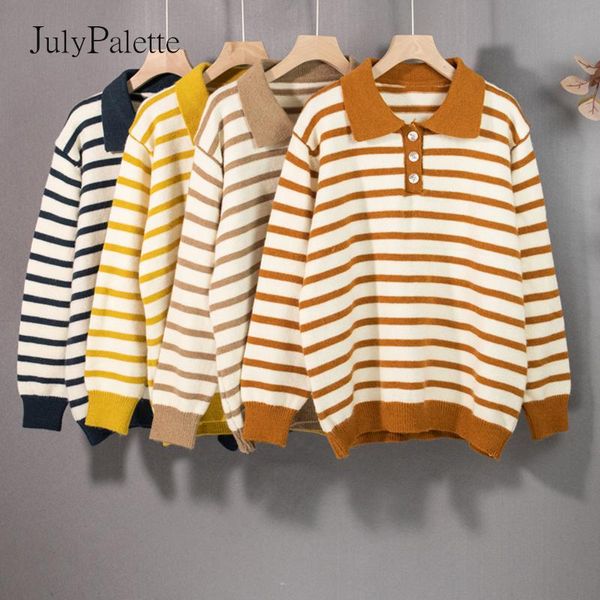 

women's sweaters julypalette fall winter stripe turn-down collar sweater women full sleeve knit pullover vintage loose female korean, White;black