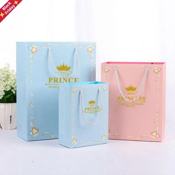 

10pcs/lot baby shower party kids favors prince princess pink blue crown theme paper hand bags birthday decorate gifts gift wrap