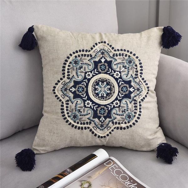 

45x45cm linen cushion cover with tasseles embroidery nordic home sofa decoration 2021living room bed pillowcase lumbar t665 cushion/decorati