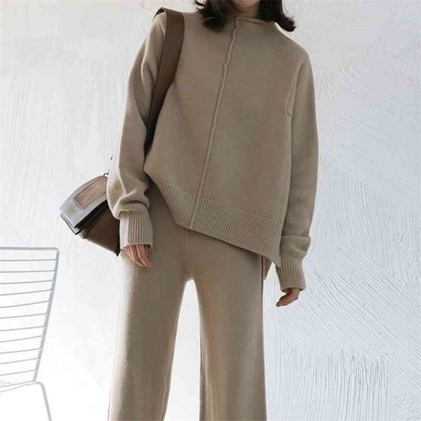 

women elegant knit two piece set autumn winter pullover loose high waist straight pants outfits woman sweater tracksuits 210525, White