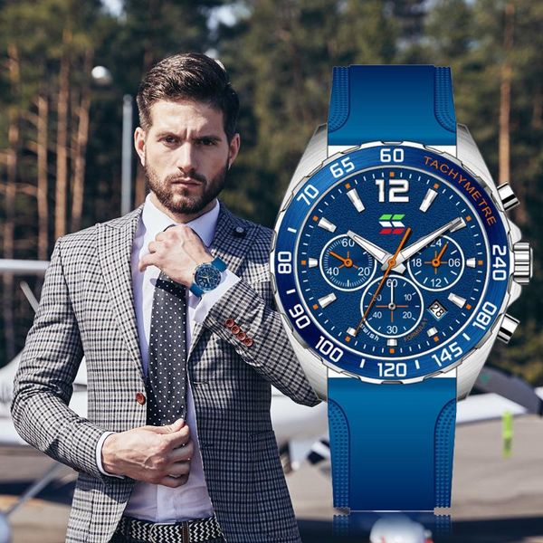 

wristwatches mens watches swish brand leather chronograph man quartz waterproof sport automatic date watch for men, Slivery;brown