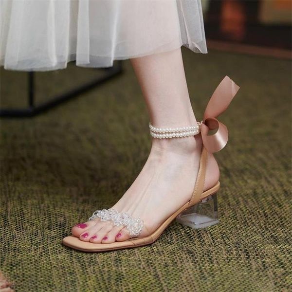 

dress shoes crystal high heel sandals women 2021 summer style square fairy transparent rhinestone pearl, Black