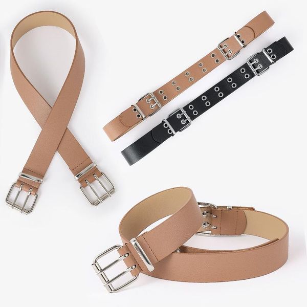 

belts fashion style double head belt metal buckle waistband grommet hole female male jeans waist strap, Black;brown