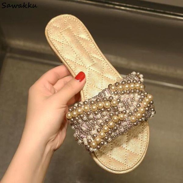 

slippers women leather brand beach ladies pearls weaving diamond sewing sandals flat slides runway shoes woman footwear, Black