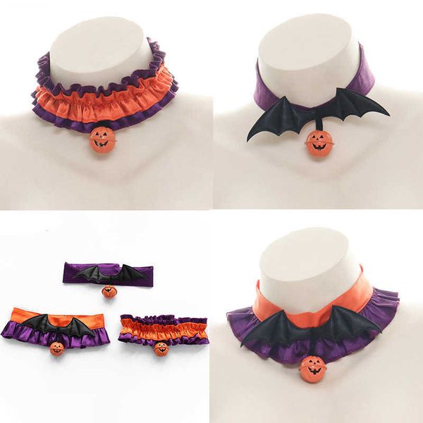 Halloween Hals Ring Frauen Bat Flügel mit Kürbis Bell Nackenring Gothic Style Cosplay Neck Ornament Lolita Girl Choker Party Requisiten Y0903