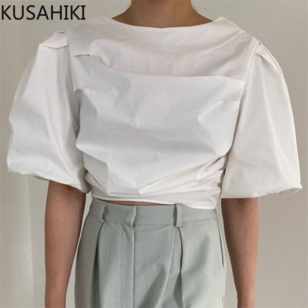 

korean folds womens and blouses puff sleeve o-neck elegant shirts summer solid blusas mujer de moda 6j216 210603, White